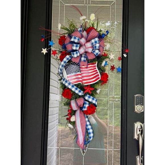 Patriotic Swag Wreath For Front Door, Red White and Blue With USA Flag Sign - Picture 1 of 6